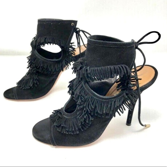 AQUAZZURA Sexy Fringe Suede Tie-Back Sandal Black womens size 5.5 - Picture 3 of 11
